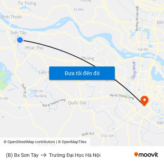 (B) Bx Sơn Tây to Trường Đại Học Hà Nội map