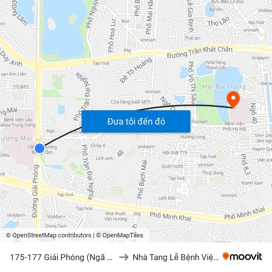 175-177 Giải Phóng (Ngã 3 Lê Thanh Nghị) to Nhà Tang Lễ Bệnh Viện Thanh Nhàn map