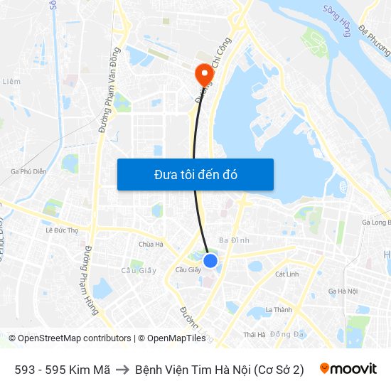 593 - 595 Kim Mã to Bệnh Viện Tim Hà Nội (Cơ Sở 2) map