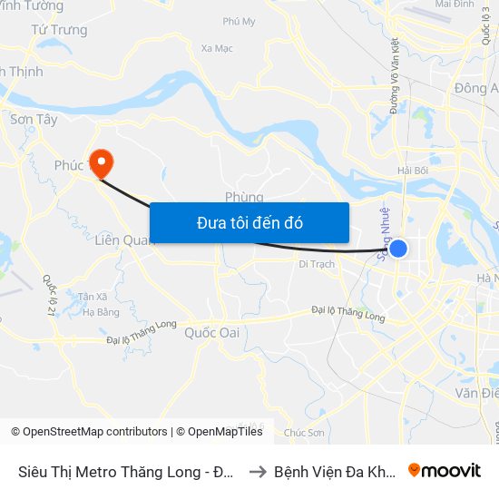 Siêu Thị Metro Thăng Long - Đối Diện Ngõ 599 Phạm Văn Đồng to Bệnh Viện Đa Khoa Huyện Phúc Thọ map