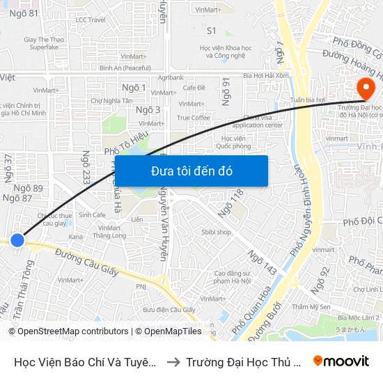 Học Viện Báo Chí Và Tuyên Truyền - 36 Xuân Thủy to Trường Đại Học Thủ Đô Hà Nội (Cơ Sở 3) map