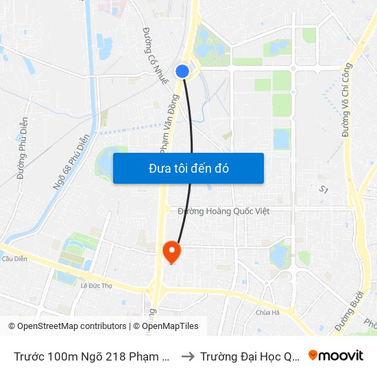 Trước 100m Ngõ 218 Phạm Văn Đồng (Đối Diện Công Viên Hòa Bình) to Trường Đại Học Quốc Gia Hà Nội (Cầu Giấy) map