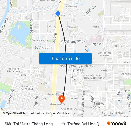 Siêu Thị Metro Thăng Long - Đối Diện Ngõ 599 Phạm Văn Đồng to Trường Đại Học Quốc Gia Hà Nội (Cầu Giấy) map