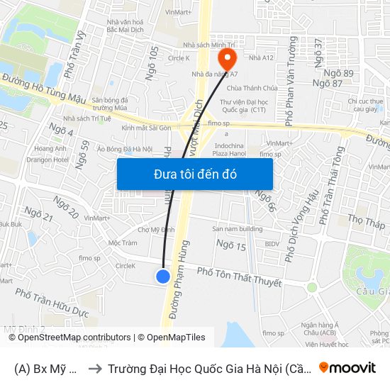 (A) Bx Mỹ Đình to Trường Đại Học Quốc Gia Hà Nội (Cầu Giấy) map