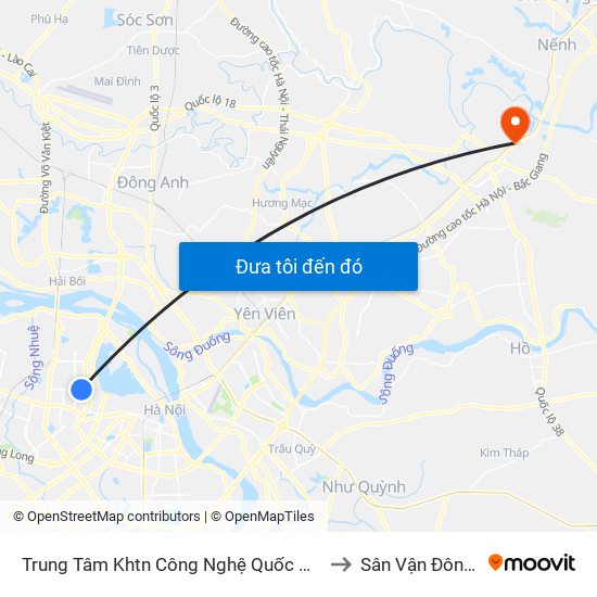 Trung Tâm Khtn Công Nghệ Quốc Gia - 18 Hoàng Quốc Việt to Sân Vận Đông Bắc Ninh map