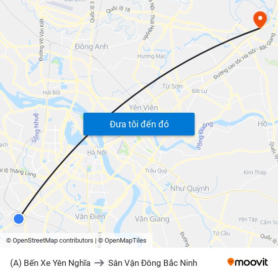 (A) Bến Xe Yên Nghĩa to Sân Vận Đông Bắc Ninh map