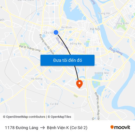 1178 Đường Láng to Bệnh Viện K (Cơ Sở 2) map