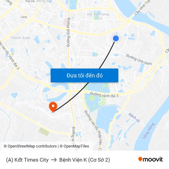 (A) Kđt Times City to Bệnh Viện K (Cơ Sở 2) map