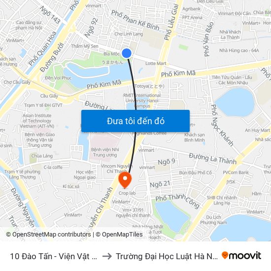 10 Đào Tấn - Viện Vật Lý to Trường Đại Học Luật Hà Nội map