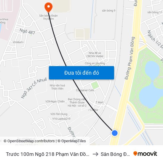 Trước 100m Ngõ 218 Phạm Văn Đồng (Đối Diện Công Viên Hòa Bình) to Sân Bóng Đoàn Thị Điểm map