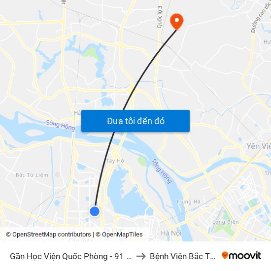 Gần Học Viện Quốc Phòng - 91 Hoàng Quốc Việt to Bệnh Viện Bắc Thăng Long map