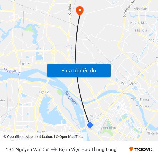 135 Nguyễn Văn Cừ to Bệnh Viện Bắc Thăng Long map