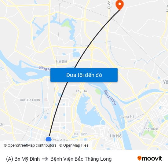 (A) Bx Mỹ Đình to Bệnh Viện Bắc Thăng Long map