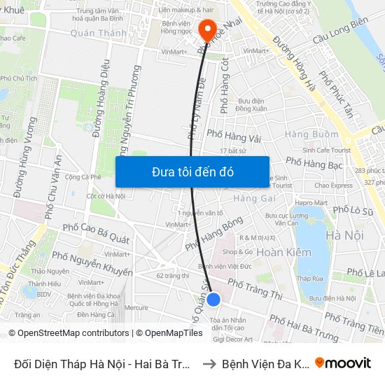 Đối Diện Tháp Hà Nội - Hai Bà Trưng (Cạnh 56 Hai Bà Trưng) to Bệnh Viện Đa Khoa Hoè Nhai map