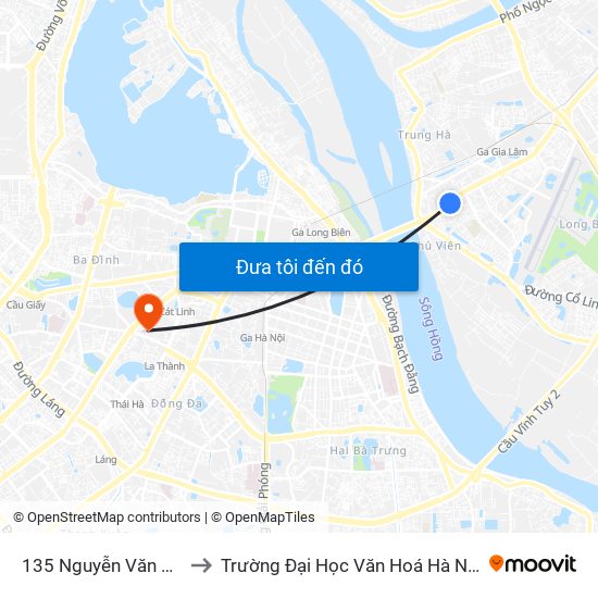 135 Nguyễn Văn Cừ to Trường Đại Học Văn Hoá Hà Nội map