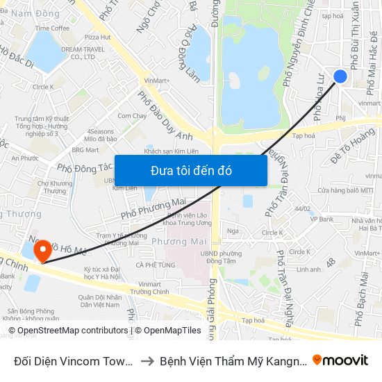 Đối Diện Vincom Tower - Bà Triệu to Bệnh Viện Thẩm Mỹ Kangnam Hàn Quốc map