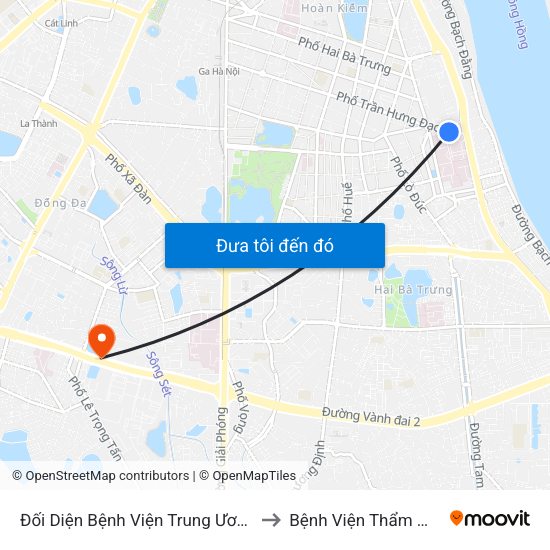 Đối Diện Bệnh Viện Trung Ương Quân Đội 108 - Trần Hưng Đạo to Bệnh Viện Thẩm Mỹ Kangnam Hàn Quốc map