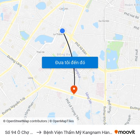 Số 94 Ô Chợ Dừa to Bệnh Viện Thẩm Mỹ Kangnam Hàn Quốc map