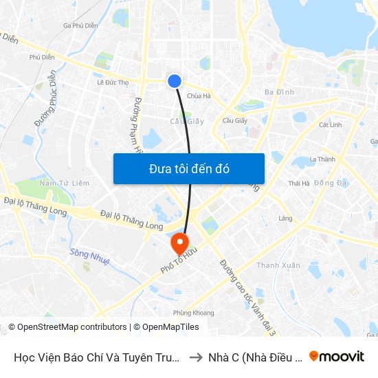 Học Viện Báo Chí Và Tuyên Truyền - 36 Xuân Thủy to Nhà C (Nhà Điều Trị Nội Trú) map