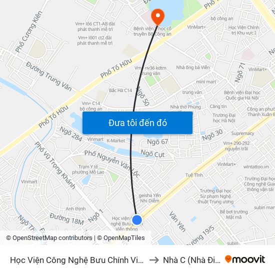 Học Viện Công Nghệ Bưu Chính Viễn Thông - Trần Phú (Hà Đông) to Nhà C (Nhà Điều Trị Nội Trú) map