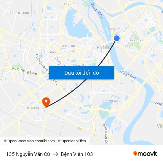 135 Nguyễn Văn Cừ to Bệnh Viện 103 map