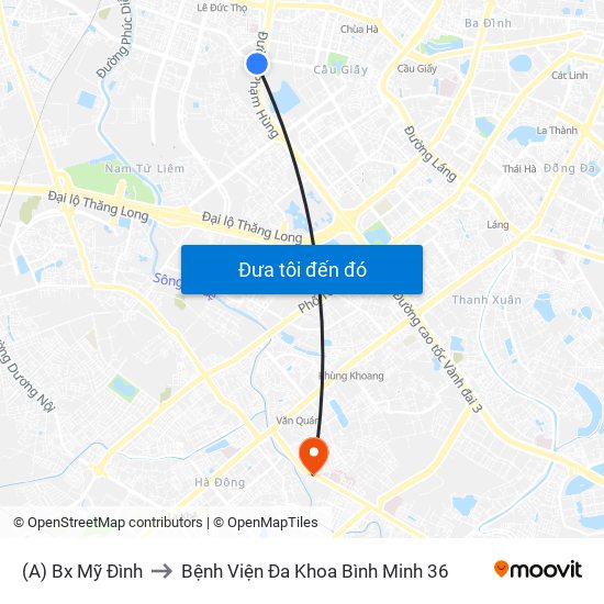 (A) Bx Mỹ Đình to Bệnh Viện Đa Khoa Bình Minh 36 map