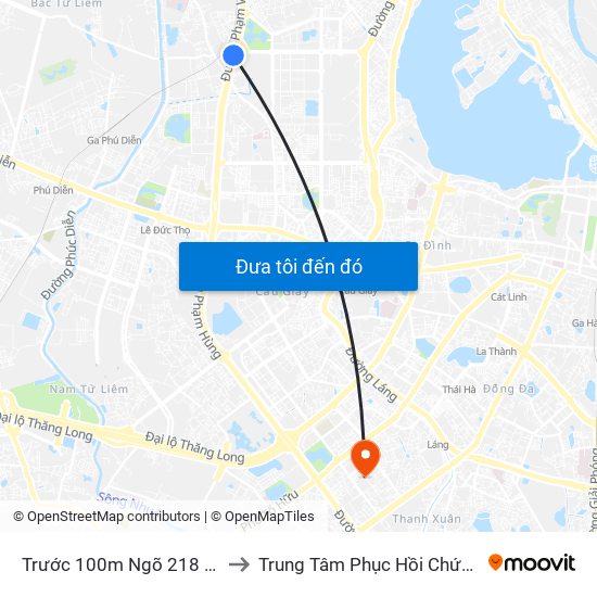 Trước 100m Ngõ 218 Phạm Văn Đồng (Đối Diện Công Viên Hòa Bình) to Trung Tâm Phục Hồi Chức Năng-Làng Hòa Bình Thanh Xuân Khoa Khám Bệnh map