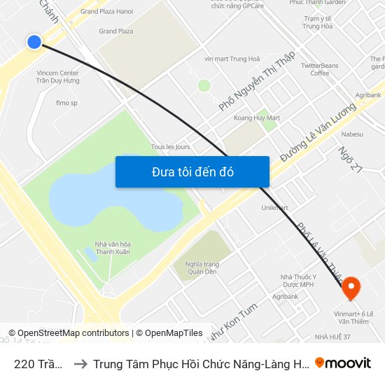 220 Trần Duy Hưng to Trung Tâm Phục Hồi Chức Năng-Làng Hòa Bình Thanh Xuân Khoa Khám Bệnh map