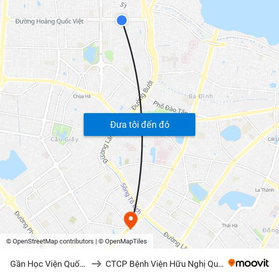 Gần Học Viện Quốc Phòng - 91 Hoàng Quốc Việt to CTCP Bệnh Viện Hữu Nghị Quốc Tế Hà Nội Viện Thẩm Mỹ Quốc Tế DR.Han map