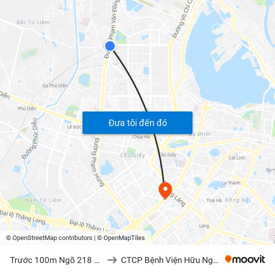 Trước 100m Ngõ 218 Phạm Văn Đồng (Đối Diện Công Viên Hòa Bình) to CTCP Bệnh Viện Hữu Nghị Quốc Tế Hà Nội Viện Thẩm Mỹ Quốc Tế DR.Han map