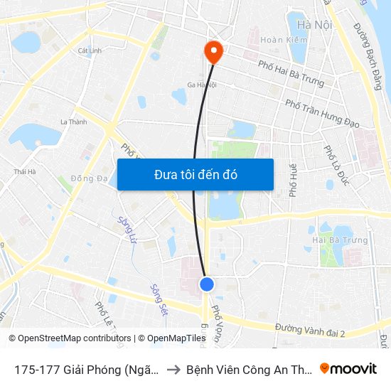 175-177 Giải Phóng (Ngã 3 Lê Thanh Nghị) to Bệnh Viên Công An Thành Phố Hà Nội map