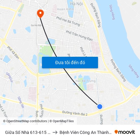 Giữa Số Nhà 613-615 Kim Ngưu to Bệnh Viên Công An Thành Phố Hà Nội map