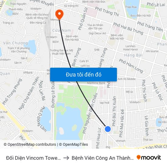 Đối Diện Vincom Tower - Bà Triệu to Bệnh Viên Công An Thành Phố Hà Nội map