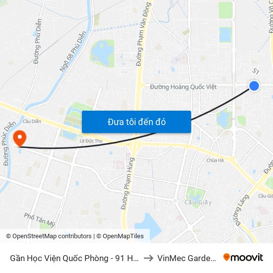 Gần Học Viện Quốc Phòng - 91 Hoàng Quốc Việt to VinMec Gardenia Clinic map