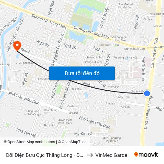 Đối Diện Bưu Cục Thăng Long - Đường Phạm Hùng to VinMec Gardenia Clinic map