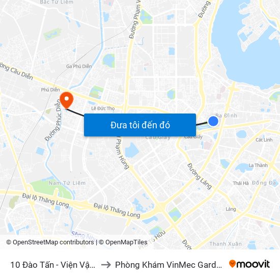 10 Đào Tấn - Viện Vật Lý to Phòng Khám VinMec Gardenia map