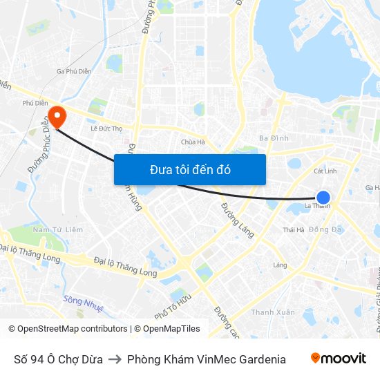 Số 94 Ô Chợ Dừa to Phòng Khám VinMec Gardenia map