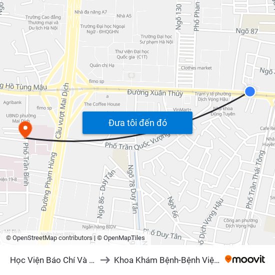 Học Viện Báo Chí Và Tuyên Truyền - 36 Xuân Thủy to Khoa Khám Bệnh-Bệnh Viện Đa Khoa Y Học Cổ Truyền-Hà Nội map