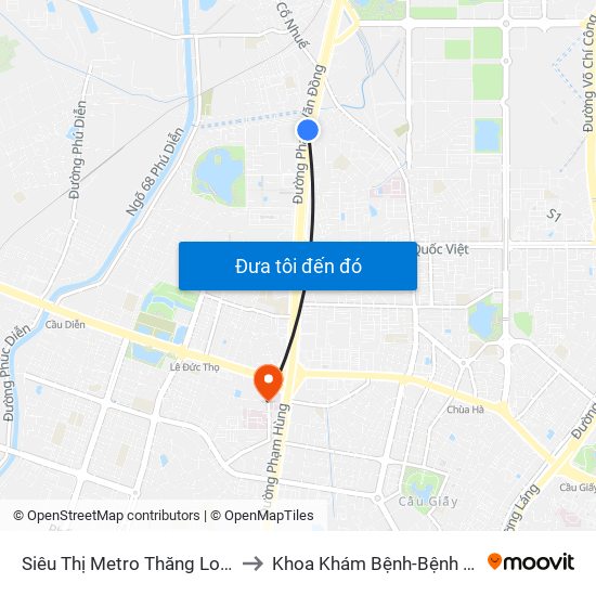Siêu Thị Metro Thăng Long - Đối Diện Ngõ 599 Phạm Văn Đồng to Khoa Khám Bệnh-Bệnh Viện Đa Khoa Y Học Cổ Truyền-Hà Nội map