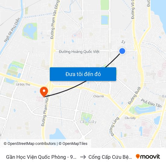 Gần Học Viện Quốc Phòng - 91 Hoàng Quốc Việt to Cổng Cấp Cứu Bệnh Viện 19-8 map