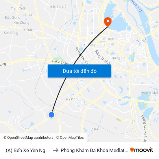 (A) Bến Xe Yên Nghĩa to Phòng Khám Đa Khoa Medlatec map