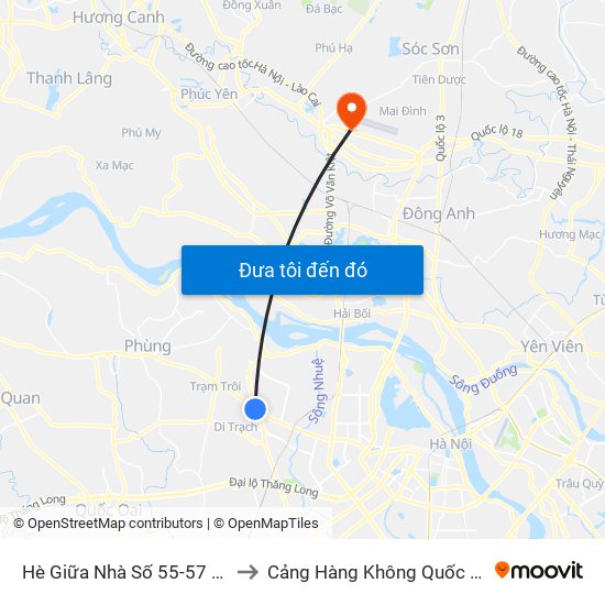 Hè Giữa Nhà Số 55-57 Phố Nhổn to Cảng Hàng Không Quốc Tế Nội Bài map