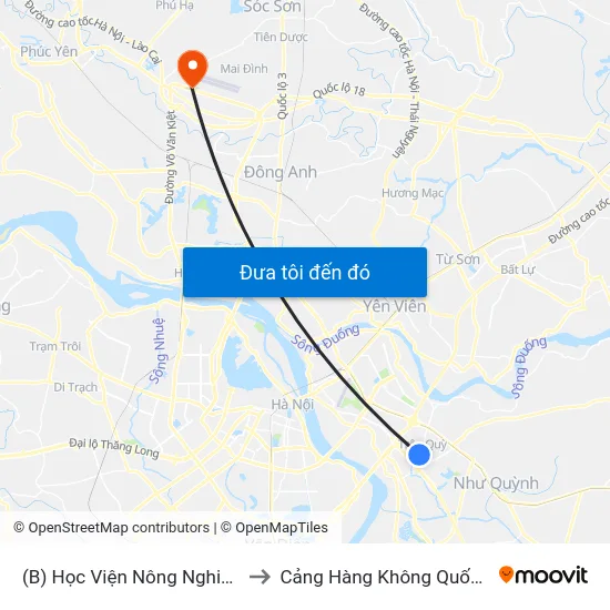 (B) Học Viện Nông Nghiệp Việt Nam to Cảng Hàng Không Quốc Tế Nội Bài map