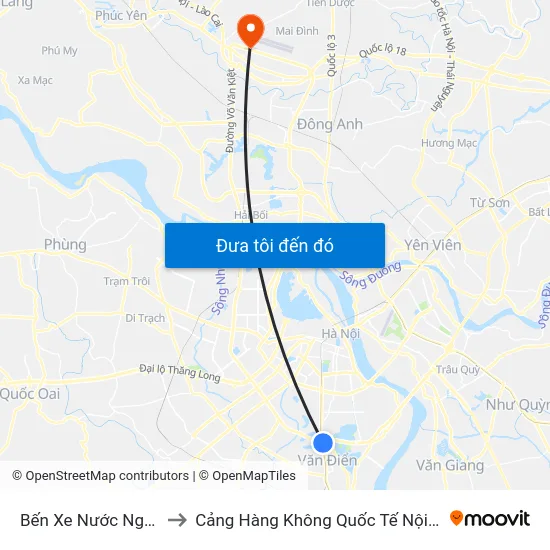 Bến Xe Nước Ngầm to Cảng Hàng Không Quốc Tế Nội Bài map