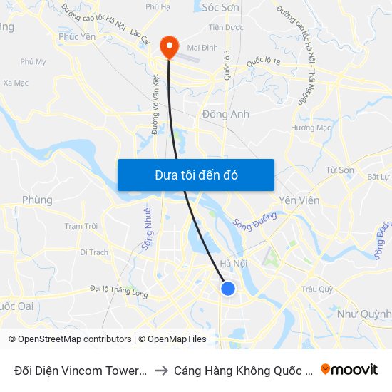 Đối Diện Vincom Tower - Bà Triệu to Cảng Hàng Không Quốc Tế Nội Bài map