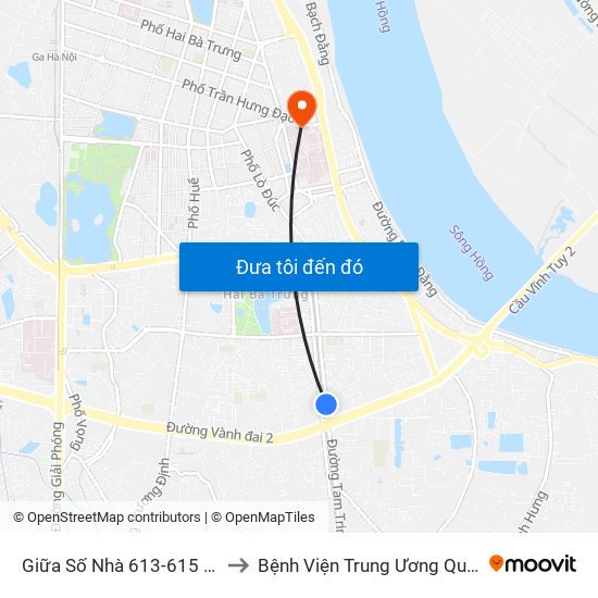 Giữa Số Nhà 613-615 Kim Ngưu to Bệnh Viện Trung Ương Quân Đội 108 map