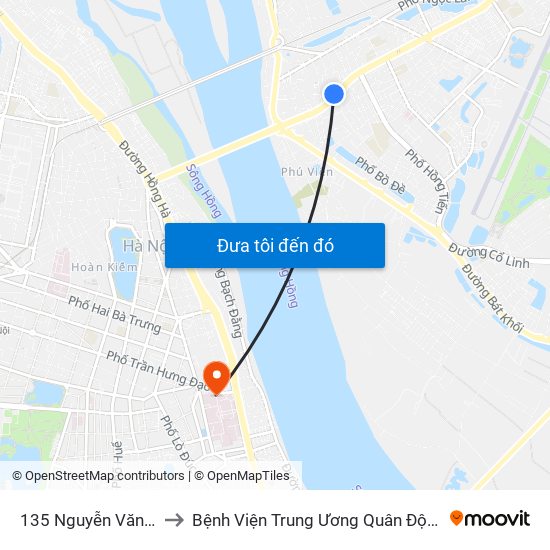 135 Nguyễn Văn Cừ to Bệnh Viện Trung Ương Quân Đội 108 map