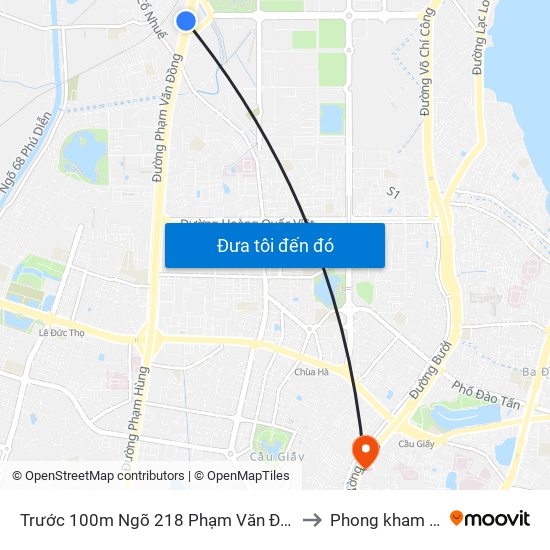 Trước 100m Ngõ 218 Phạm Văn Đồng (Đối Diện Công Viên Hòa Bình) to Phong kham 56 hai ba trung map