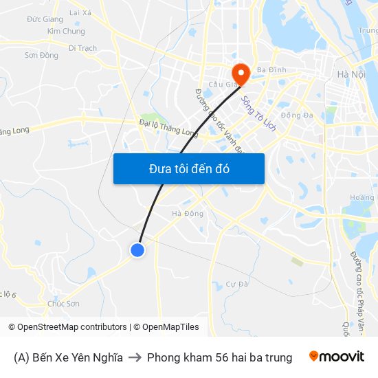 (A) Bến Xe Yên Nghĩa to Phong kham 56 hai ba trung map