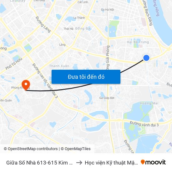 Giữa Số Nhà 613-615 Kim Ngưu to Học viện Kỹ thuật Mật mã map